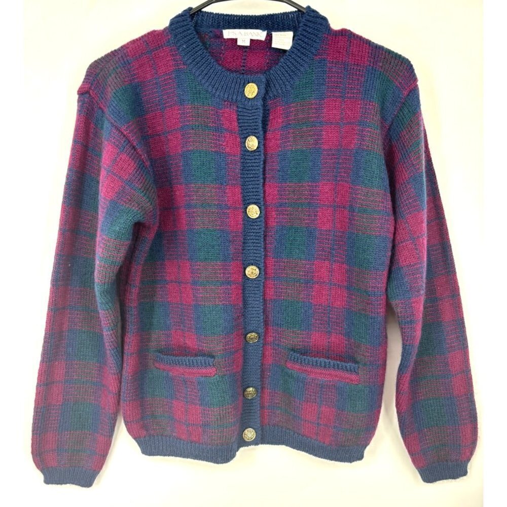 Vintage Jos A Bank Plaid Wool Cardigan Gold Button Red Blue Medium